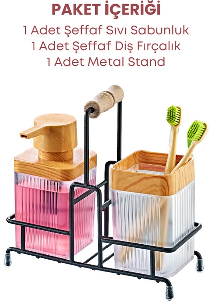 Metal Standlı Ahşap Detaylı Sıvı Sabunluk Diş Fırçalık Mutfak Banyo Seti- Şeffaf fırsatları