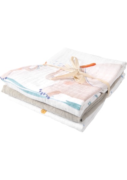 Oli Pamuk, Yıkanmış 3'lü Müslin Örtü Seti - 55X55CM