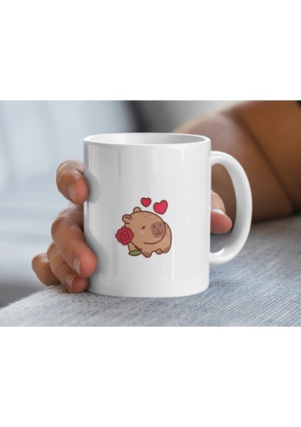 Kapibara Kupa Bardak, Sevimli Kapibara Kupa Bardak, Kalpli Kırmızı Gül Kahve Kupa