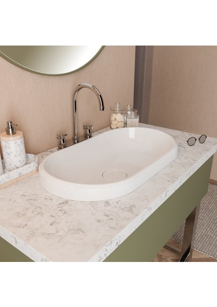 Zana 370 x 640 x 130 mm Tezgah Üstü ve Ankastre Uyumlu Akrilik Banyo Lavabosu