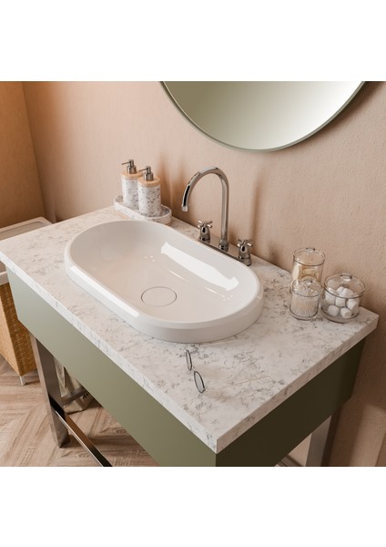 Zana 370 x 640 x 130 mm Tezgah Üstü ve Ankastre Uyumlu Akrilik Banyo Lavabosu