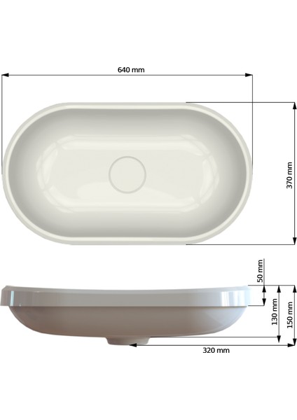 Zana 370 x 640 x 130 mm Tezgah Üstü ve Ankastre Uyumlu Akrilik Banyo Lavabosu