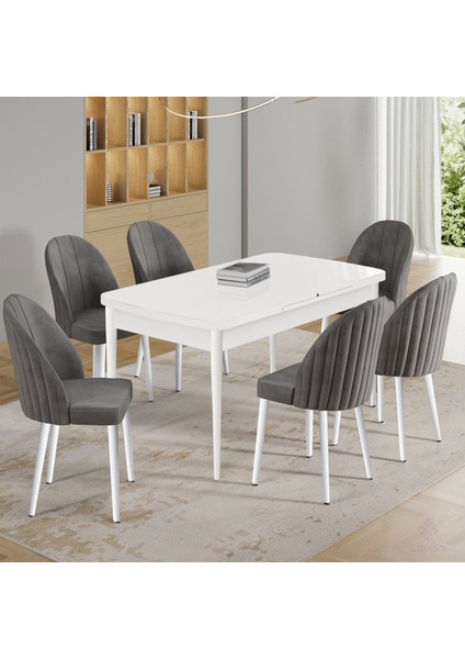Enya Serisi 80 x 132 Açılabilir Beyaz Masa Takımı ve 6 Gri Sandalye