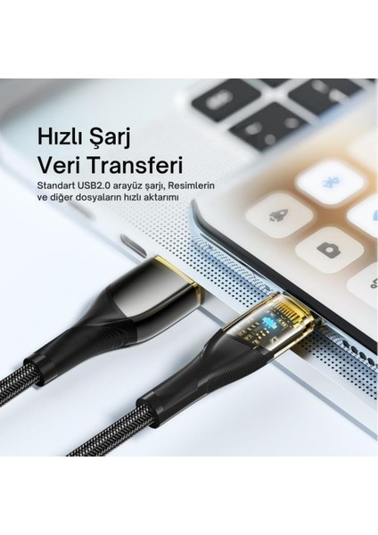 1 Metre 7A 100W LED Işıklı Süper Hızlı USB To Type-C Şarj Data Kablosu Güçlü Kablo