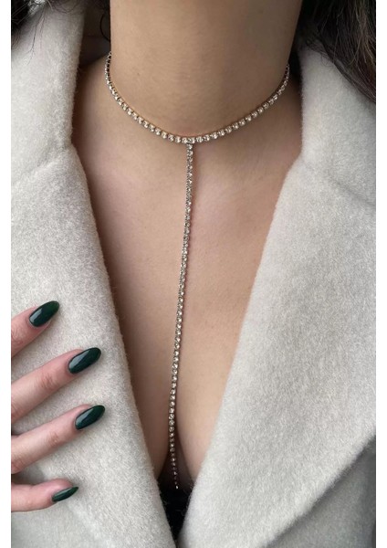 Altın Renk Taş Detaylı Choker Kolye/ Vücut Aksesuarı