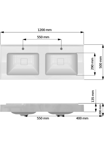 Elara 500 x 1200 mm Çift Hazneli Etajerli Akrilik Banyo Lavabosu