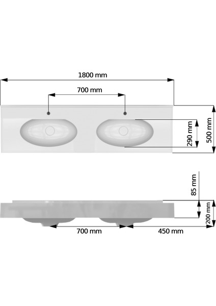 THOR 500 x 1800 mm Çift Hazneli Akrilik Banyo Lavabosu