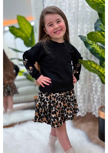 Kol Kalp Detaylı Leopar Desenli Kız Çocuk Etekli 2 li takım - Siyah