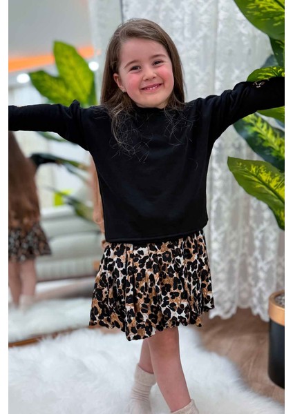 Kol Kalp Detaylı Leopar Desenli Kız Çocuk Etekli 2 li takım - Siyah fiyatları