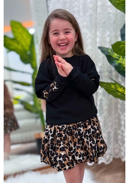 Kol Kalp Detaylı Leopar Desenli Kız Çocuk Etekli 2 li takım - Siyah modelleri