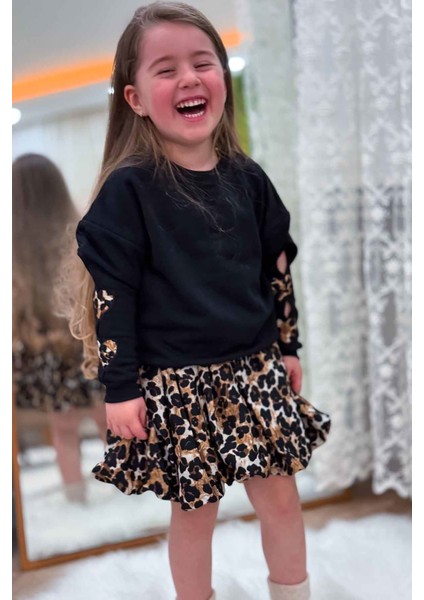 Kol Kalp Detaylı Leopar Desenli Kız Çocuk Etekli 2 li takım - Siyah fırsatları