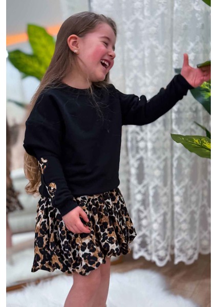 Kol Kalp Detaylı Leopar Desenli Kız Çocuk Etekli 2 li takım - Siyah indirimleri