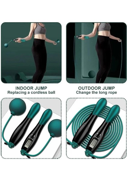 Çift LED Dijital Sayaçlı 4 Modlu Akıllı Çelik Ip Atlama Fitness Kondsiyon Yeşil