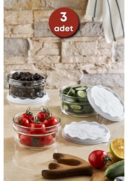 3 Adet Beyaz Plastik Kapaklı Kahvaltılık Cam Kase- Kahvaltılık Saklama Kabı 415 cc