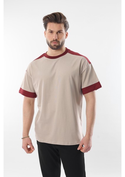 Bej Omzu Şerit Detaylı Erkek T-Shirt E7125