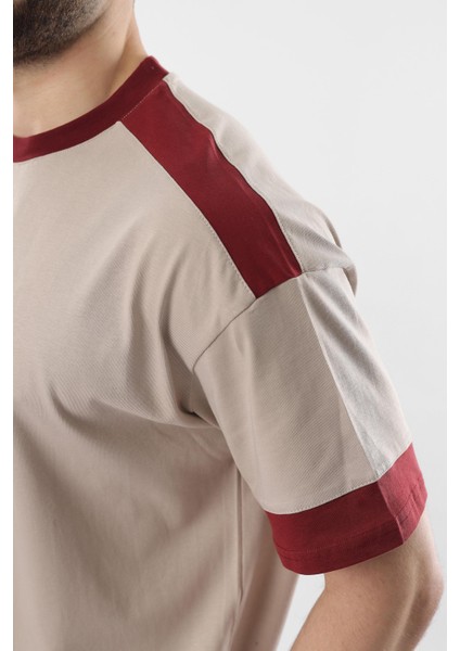 Bej Omzu Şerit Detaylı Erkek T-Shirt E7125