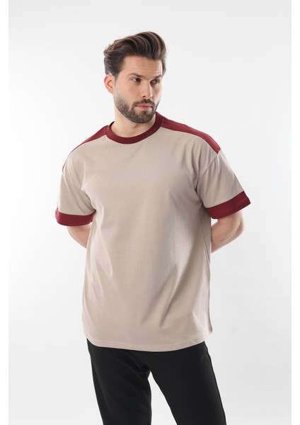 Bej Omzu Şerit Detaylı Erkek T-Shirt E7125