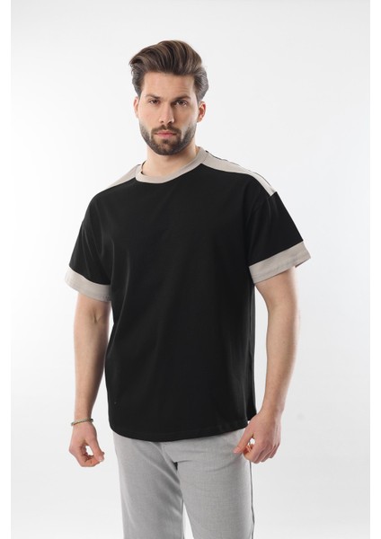 Siyah Omzu Şerit Detaylı Erkek T-Shirt E7125