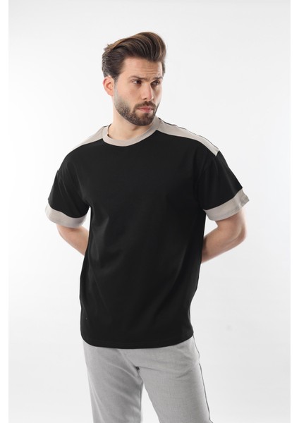 Siyah Omzu Şerit Detaylı Erkek T-Shirt E7125 fiyatları