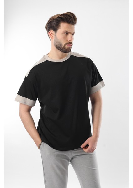 Siyah Omzu Şerit Detaylı Erkek T-Shirt E7125 modelleri