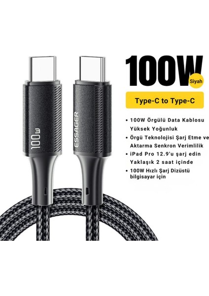 0.25CM Pd 100W Süper Hızlı Type-C To Type-C Şarj Data Kablosu E-Marker Çipli Akıllı Şarj Kablosu