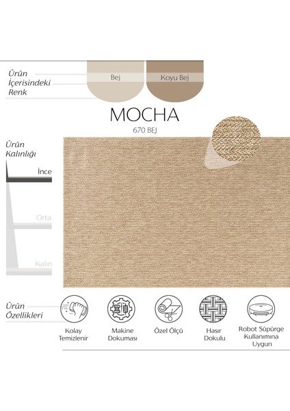 Mocha 670 Bej Katlama Halı Kilim Koridor Kesme Yolluk Jüt Hasır Görünüm Dokuma Makine Halı