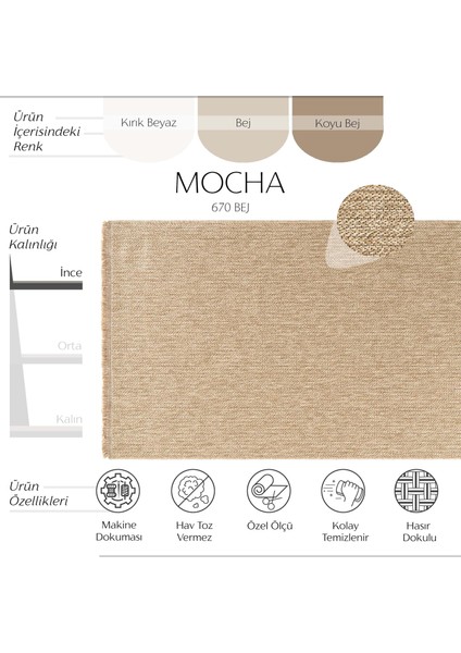 Mocha 670 Bej Halı Kilim Mutfak Koridor Kesme Yolluk Jüt Hasır Görünüm Dokuma Makine Halı