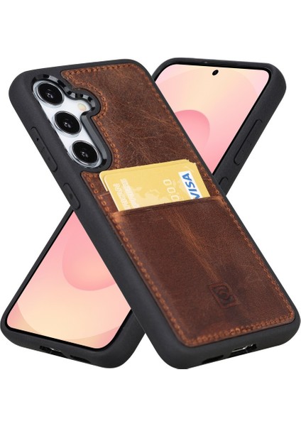Samsung Galaxy S25 Uyumlu Deri El Yapımı Kart Yuvalı Kılıf Antik Kahve