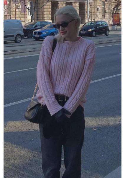 Pembe Balıkçı Yaka Örgülü Triko Kazak MG2336