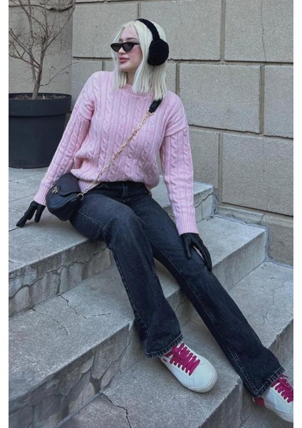 Pembe Balıkçı Yaka Örgülü Triko Kazak MG2336
