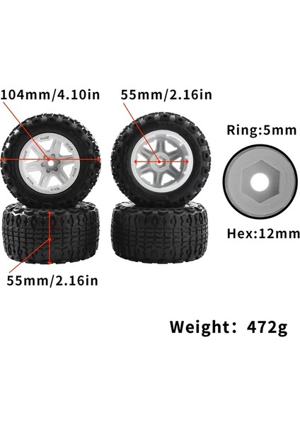 4 Adet 104MM Tekerlek Lastiği Lastik 12MM Altıgen Go 1/16 Rc Araba Için, 2 (Yurt Dışından) fiyatları