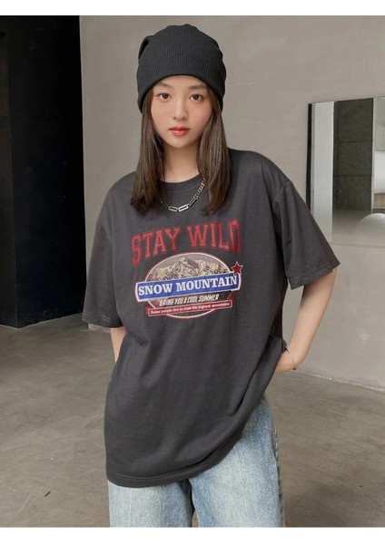 Kadın / Kız Füme Oversize T-Shirt Stay Wıld Baskılı
