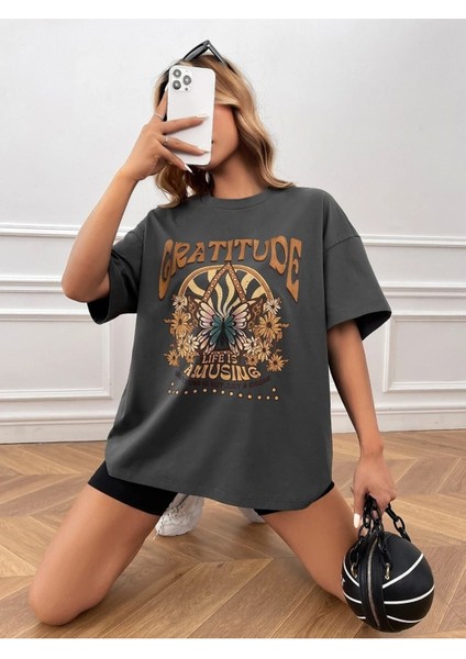 Kadın / Kız Füme Oversize T-Shirt Gratıtude Baskılı