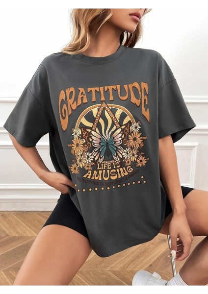 Kadın / Kız Füme Oversize T-Shirt Gratıtude Baskılı modelleri