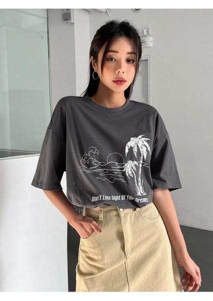 Kadın / Kız 6füme Oversize T-Shirt Plamıye Baskılı