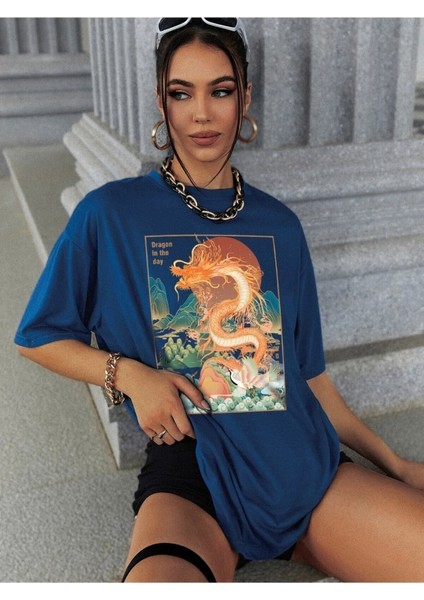 Kadın / Kız Saks Oversize T-Shirt Dragon Baskılı