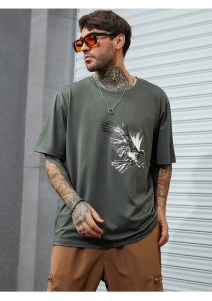 Erkek Füme Oversize T-Shirt Kartal Baskılı fiyatları