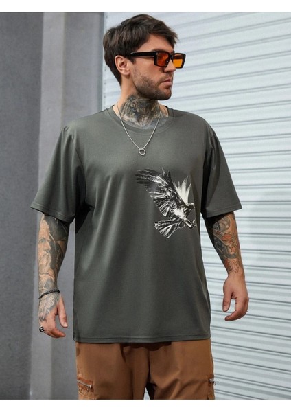 Erkek Füme Oversize T-Shirt Kartal Baskılı modelleri