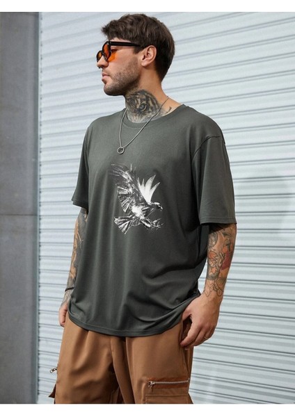 Erkek Füme Oversize T-Shirt Kartal Baskılı indirimleri