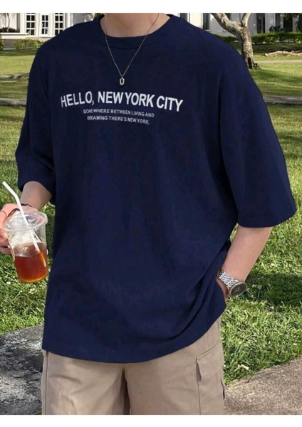Erkek New York Cıty Baskılı Lacivert Oversize T-Shirt Salaş Boyfirend