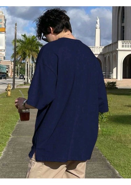 Erkek New York Cıty Baskılı Lacivert Oversize T-Shirt Salaş Boyfirend fiyatları