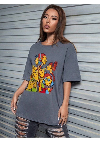 Kadın / Kız Karikatürist Baskılı Füme Oversize T-Shirt Salaş Boyfirend