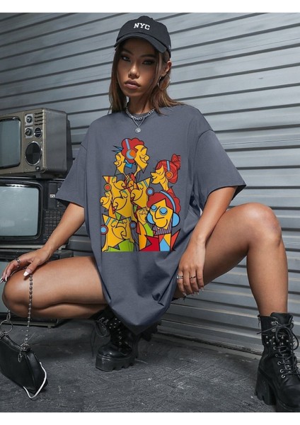Kadın / Kız Karikatürist Baskılı Füme Oversize T-Shirt Salaş Boyfirend fiyatları