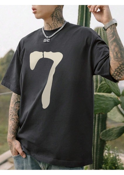 7 Rakam Baskılı Oversize Erkek T-Shirt Salaş Boyfirend