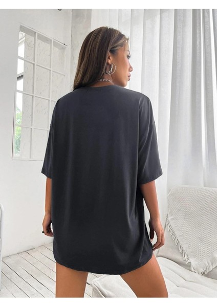 Kadın / Kız Baskılı Füme Oversize T-Shirt Salaş Boyfirend fırsatları