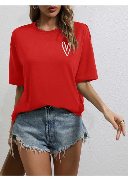 Tiny Heart Baskılı Kadın Oversize Kırmızı Salas T-Shirt Boyfriend fiyatları