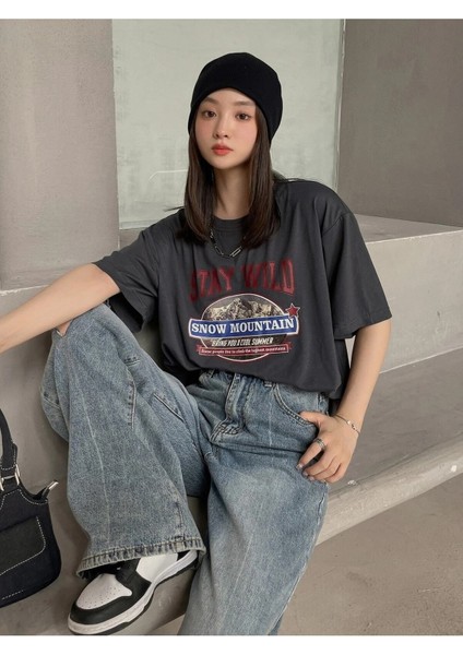 Kadın / Kız Füme Oversize T-Shirt Stay Wıld Baskılı fiyatları