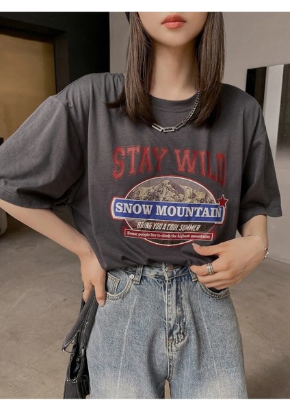 Kadın / Kız Füme Oversize T-Shirt Stay Wıld Baskılı indirimleri