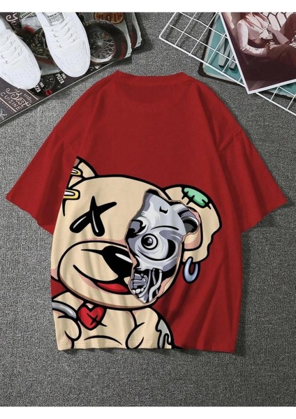 Crazy Bear Baskılı Oversize Erkek T-Shirt Salaş Boyfirend fiyatları
