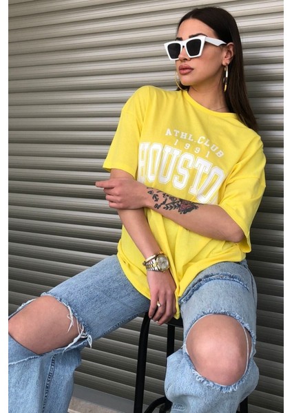 Houston Baskılı Kadın Oversize Sarı T-Shirt